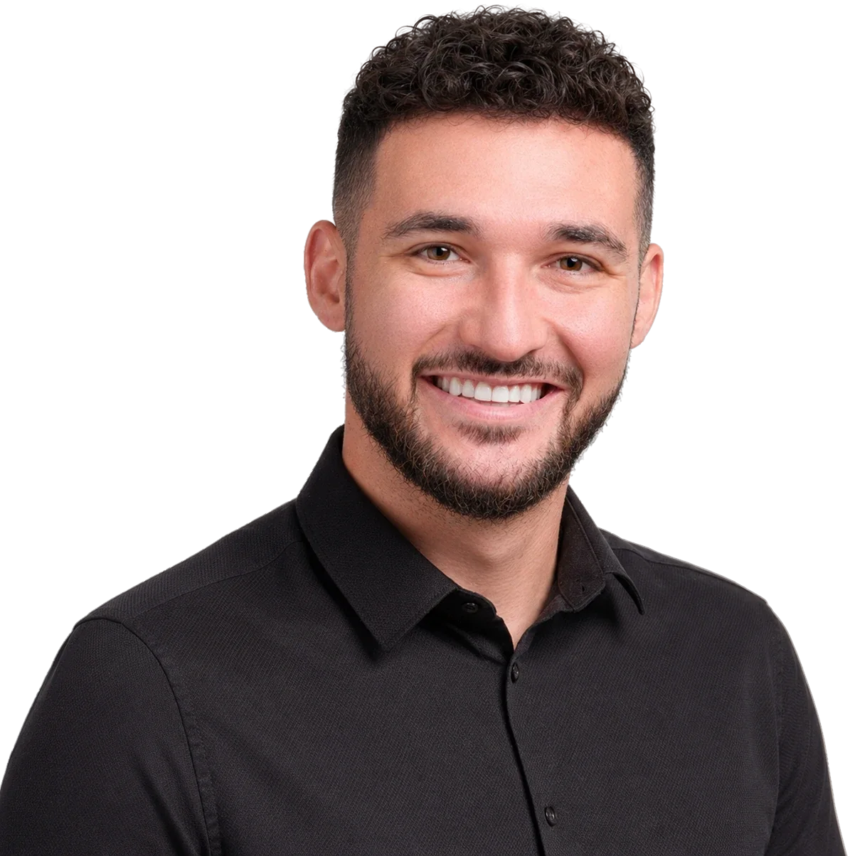 Portrait of Eros Maraia, mediamatics technician, smiling, in a black shirt against a turquoise background